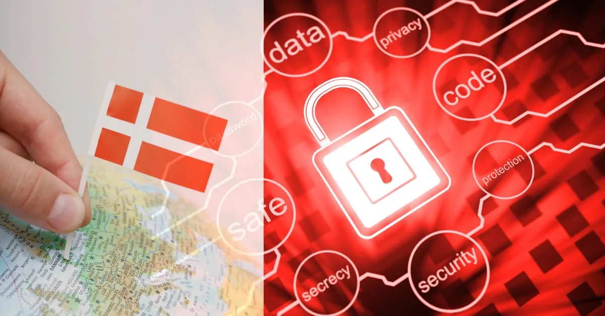 Dansk flag på kort og rødt hængelås-ikon med data/privacy/security – symbol på it-sikkerhed og databeskyttelse